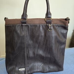 Chala Brown Faux Leather Work Tote Handbag Canvas Trim Shoulder Bag Purse